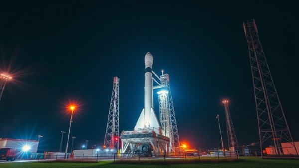Illuminated rocket launch site at night with vibrant lighting, defense project management software.