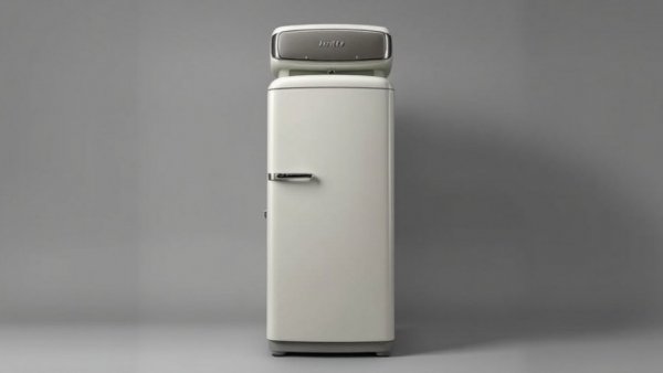 1927 Monitor-Top refrigerator with cylindrical top against grey backdrop.