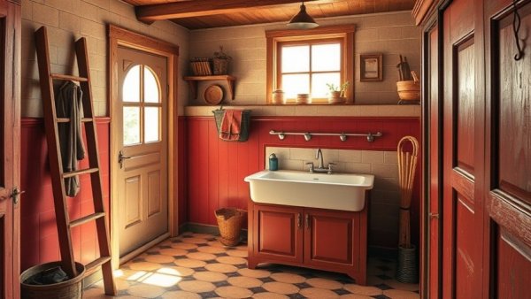 Cozy vintage boot room design idea with farmhouse sink.