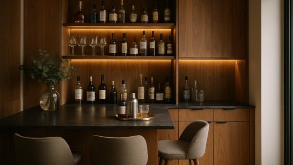 Chic home bar renovation ideas with wooden cabinets and shelves.