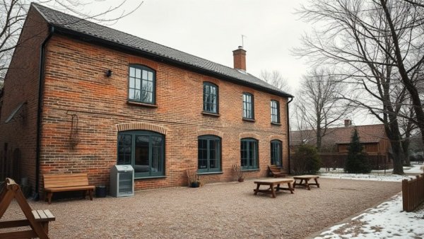 Rustic brick building in winter, Romanticism of the Ruin theme.