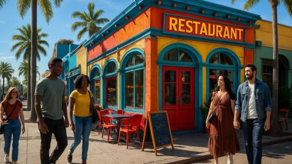 Cabo San Lucas downtown facelift with vibrant street and colorful restaurant.