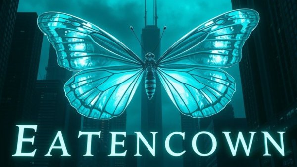 Book cover with a dark post-dystopian city and glowing butterfly wings.