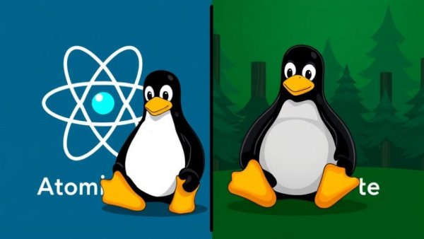 Atomic Linux vs Immutable Linux comparison with atomic symbol and Tux.