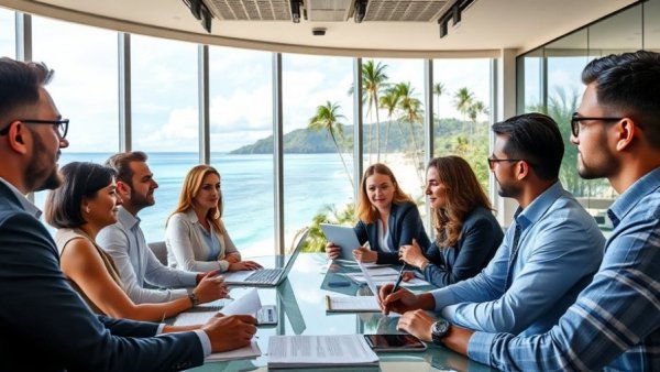 Business meeting at Jamaica Real Estate Investment Summit overlooking tropical coast.