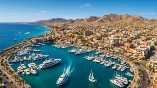 Aerial view of marina and coastal city near mountains in Mexico