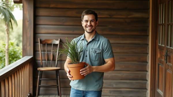 Casual man on rustic porch with antique chair, holding plant.