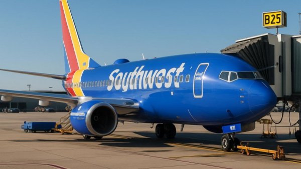 Southwest airplane at Cabo airport gate under clear blue sky.