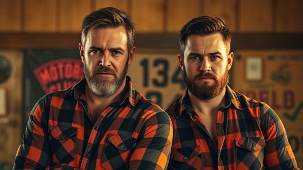 Rugged men in plaid, motorcycle club vibe, forbidden romance setting.