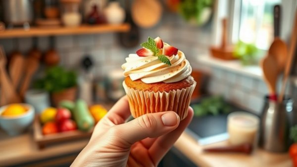 Hand holding a decorated cupcake in a vibrant kitchen, illustrating how to create a business plan.