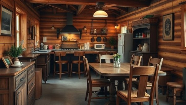 Cozy Canadian cabin kitchen with rustic decor and wooden furniture.