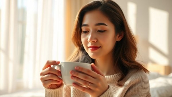 Woman enjoying tea in morning sunlight, illustrating benefits of flavanols for brain health.