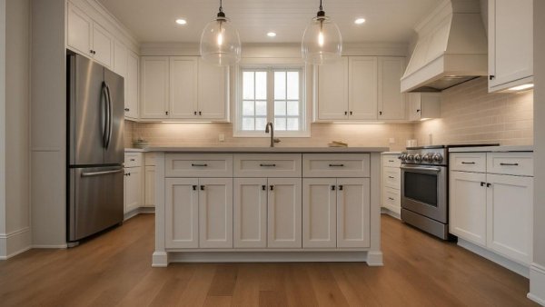 Contemporary farmhouse style kitchen with island and modern appliances.