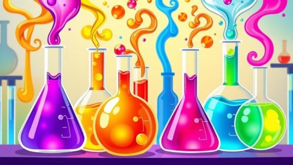 Illustration of colorful flasks depicting neopterin immunity biomarker detection.