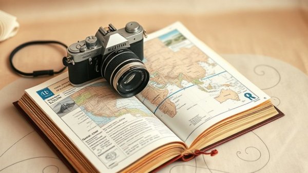 Books with travel elements like a vintage camera and map design.