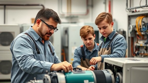 Instructor teaching apprentices HVAC equipment skills in a workshop.