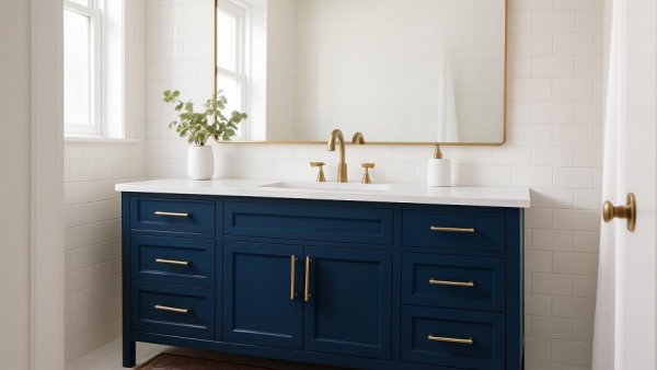 Elegant bathroom remodeling with navy vanity in Houston.