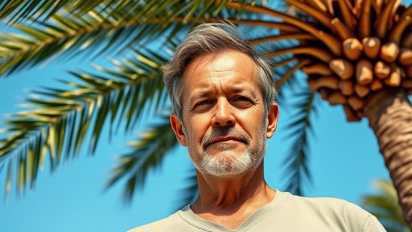 Casual man under palm tree highlighting Miami's tech ecosystem.