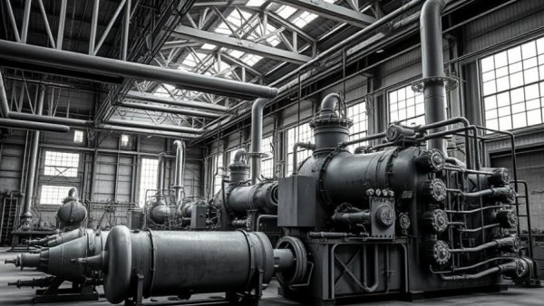 Historical ammonia refrigeration equipment in industrial setting.