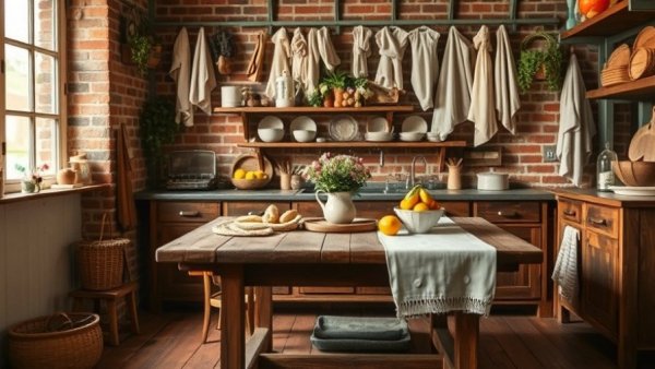 19th-century kitchen renovation with rustic decor and warm lighting.