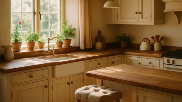 Charming English cottage kitchen with rustic wooden countertop.