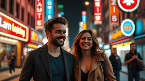 Stylish couple enjoying urban night scene, AI companionship.
