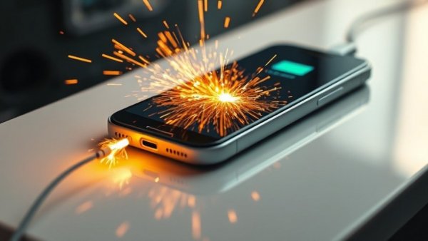 Smartphone battery challenges depicted with a phone catching fire while charging.