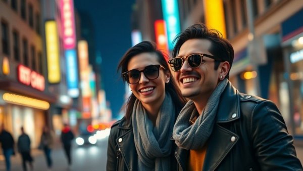 Stylish couple enjoying vibrant city nightlife, AI companionship and emotional connectivity.