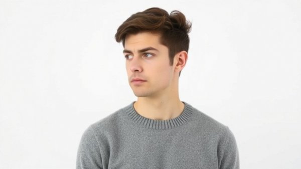 Young man thoughtful in gray sweater, white background.