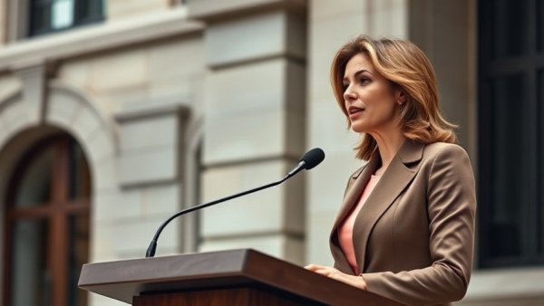 Elegant woman speaking at a podium about talent exodus in AI.