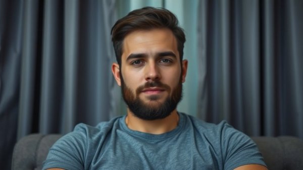 Bearded man sitting indoors, improving indoor air quality.