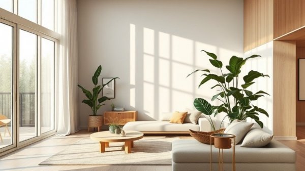 Modern minimalist living room with large indoor plant and natural elements, showcasing new traditions in home design.