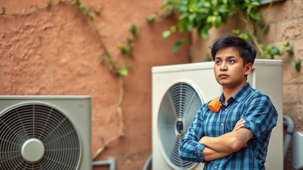 Young man pondering near air conditioner, Houston air conditioning services inspiration.
