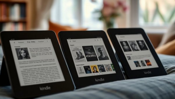 Kindle devices showing e-book interface; troubleshoot Kindle issues.