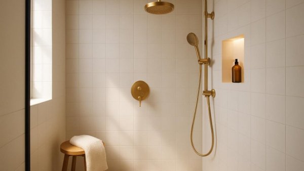 Modern bathroom shower with gold fixtures in Houston