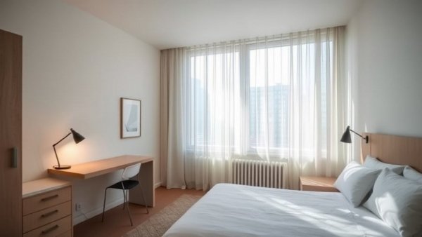 Minimalist Belgian design guest bedroom with soft lighting.