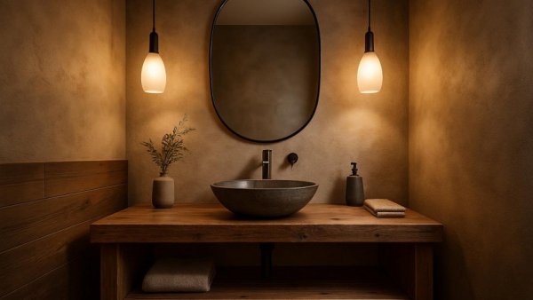 Modern rustic bathroom design with warm lighting.