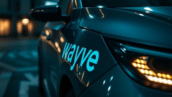 Close-up of Wayve autonomous vehicle with luminous headlights.