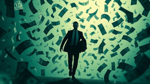 Surreal image of businessman surrounded by floating money, symbolizing cybersecurity venture funding.