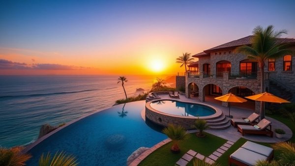 Luxurious San José del Cabo villa with pool and ocean view at sunset.