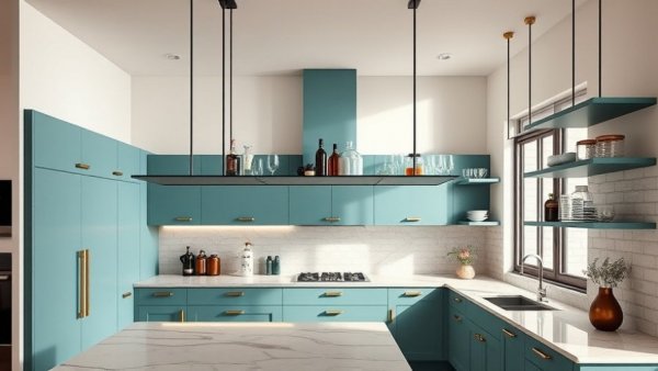 Modern kitchen suspended shelves with teal cabinets and elegant design.