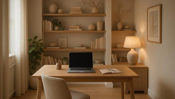 Modern home office remodeling in Houston with wooden desk.