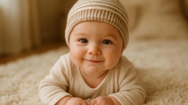 Smiling baby on soft rug, early baby skin care focus.