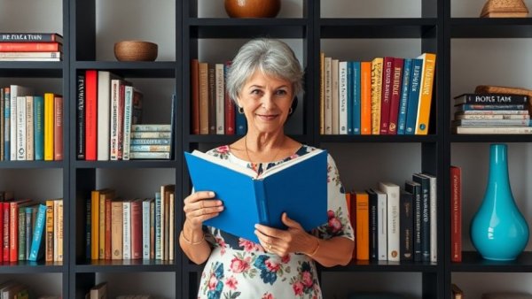 Woman placing book on colorful bookshelf in a modern home interior.