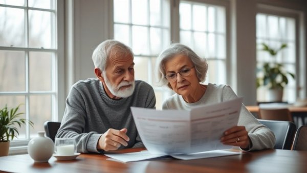 Elderly couple reviewing documents for retirement mortgage solutions.