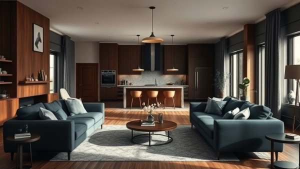 Warm Bauhaus-inspired living room and kitchen with mid-century modern style furniture.