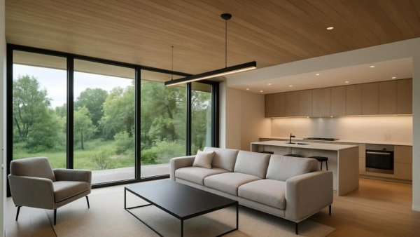Modern living room transformation with open kitchen and large windows.