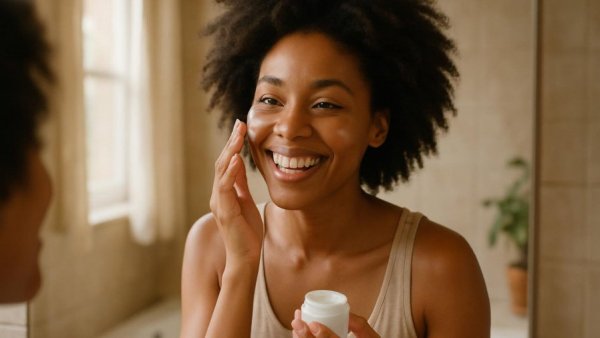 Joyful woman doing a 5-minute postpartum skincare routine in the bathroom.