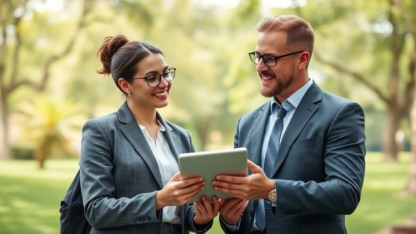 Business professionals discussing how to get business funding in park.