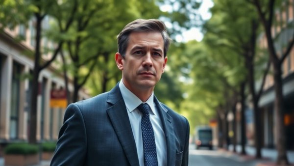 Confident businessman walking on a city street, depicting focus and determination.